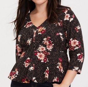 Black Leopard & Floral Chablis Crop Peplum Top - Torrid Size 4